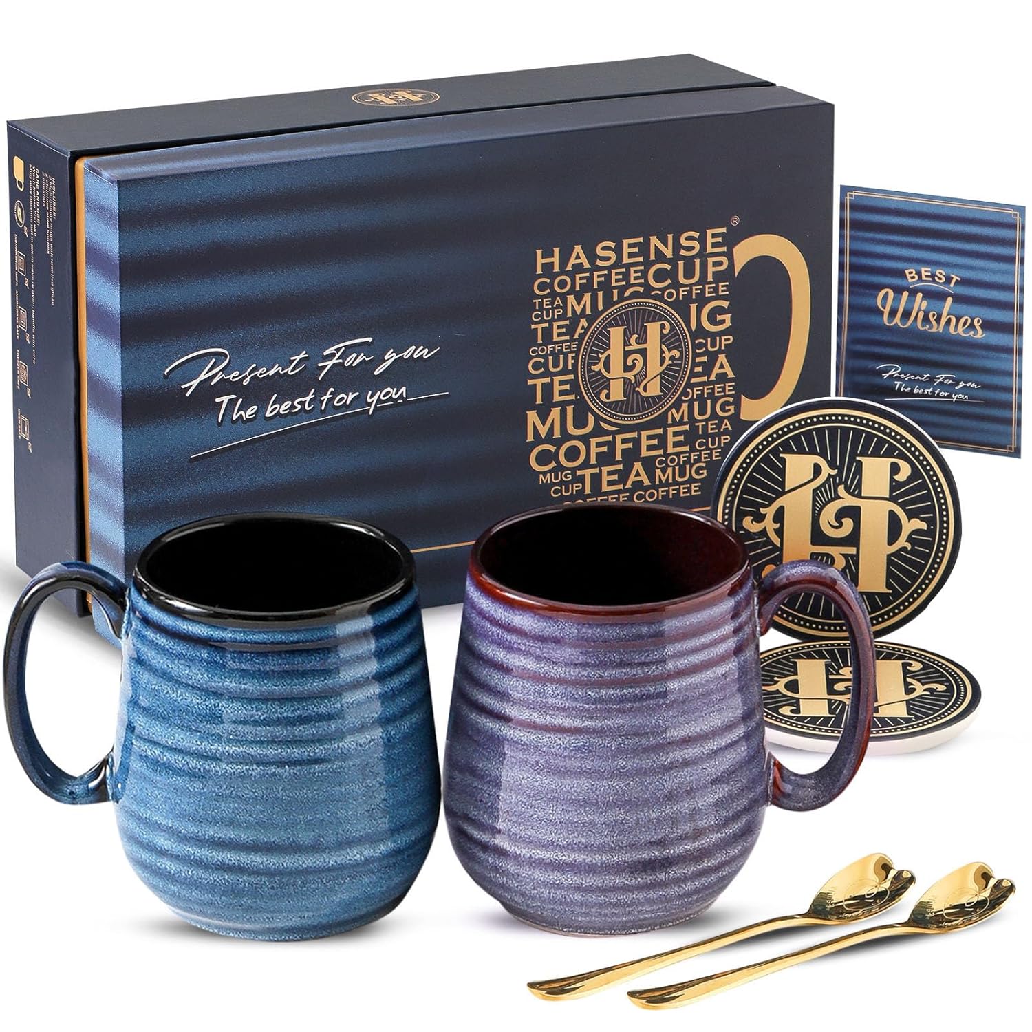 HASENSE Ceramic Coffee Mug Set, 20 Oz Tea Cups for Women and Men, Premium Large Latte Mugs with Handle, Gift Cup with Coaster & Gold Spoon for Couples, Blue & Purple