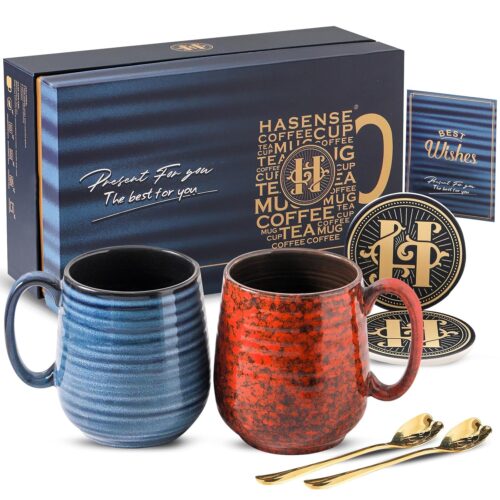 HASENSE Ceramic Coffee Mug Set of 2, 20 Oz Tea Cups for Women and Men, Handmade Large Latte Mugs with Handle, Gift Box with Coaster & Gold Spoon, Perfect for Christmas...
