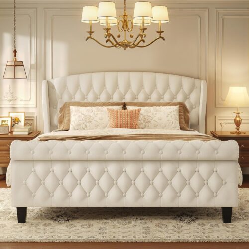 HISOFT Queen Bed Frame, 39" Velvet Upholstered Sleigh Bed with Wingback Headboard & Scroll Footboard, No Box Spring Needed, Sturdy Support, Easy Assembly, Noise Free, Button...