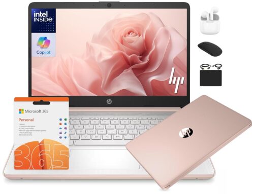HP 14 Laptop Student Business 2025 Flagship, AI Copilot, 4-Core 13th Gen Intel CPU, 16GB RAM 628GB Storage (128GB UFS+ 500GB Ext), 1-Yr Office 365, Long Battery HubxcelAccessory...