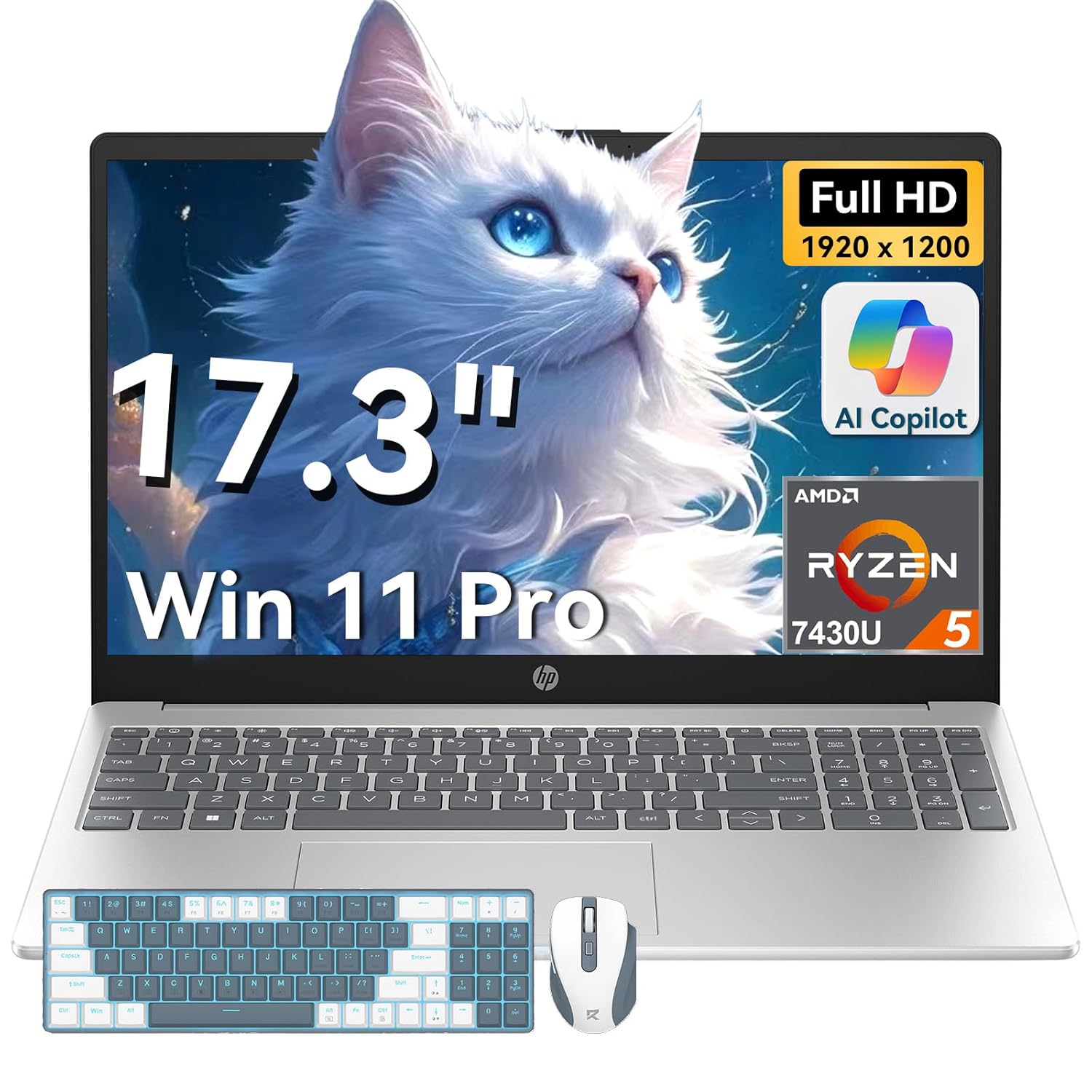 HP 17 inch laptops, AMD Ryzen 5 7430U(Beats i7-1165G7), 16GB RAM 512GB NVMe SSD Windows 11 Pro, 17.3″ FHD IPS, Copilot AI, Numeric Keyboard, Type-c, Patented KB Kit
