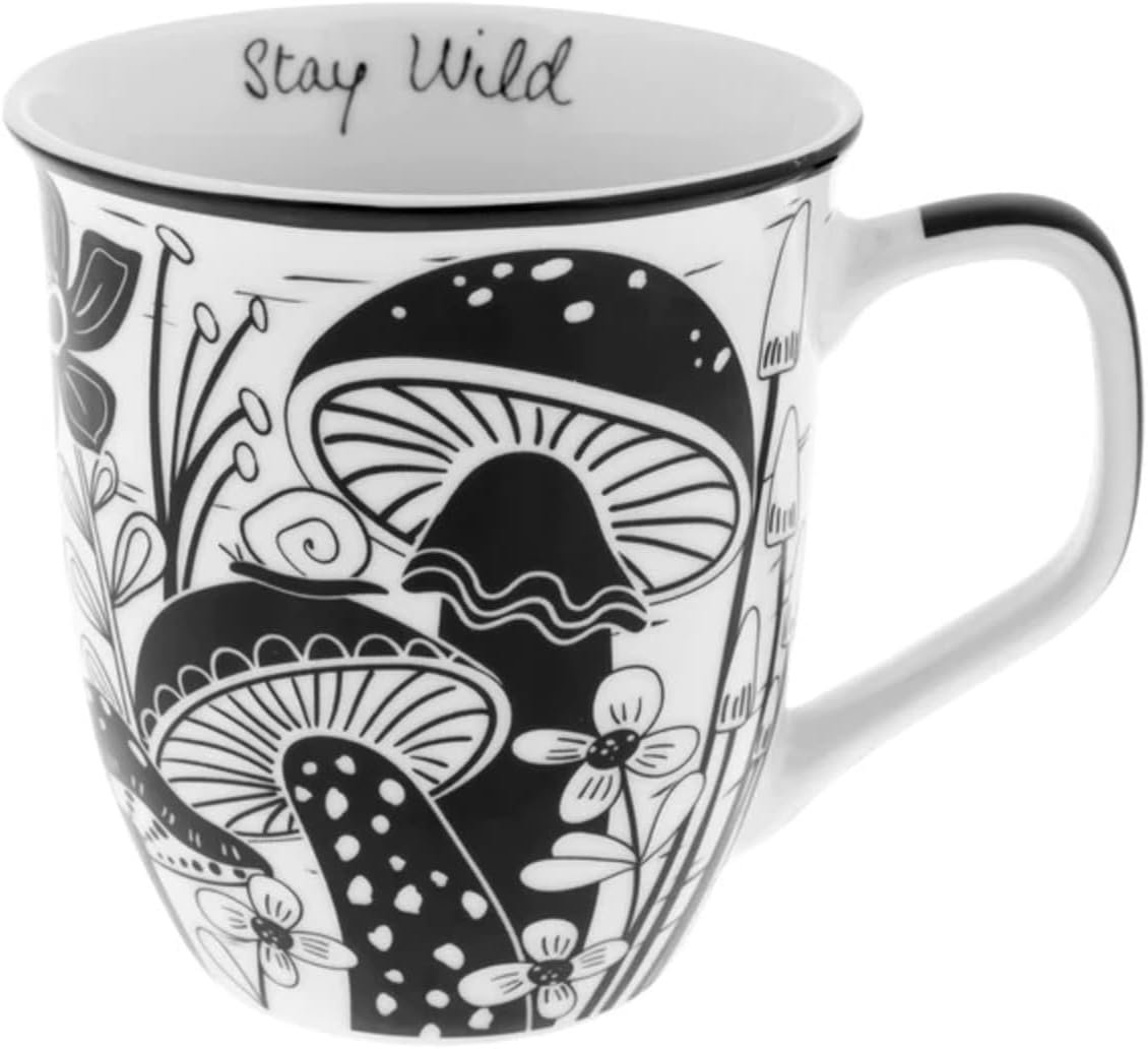 Karma Gifts 14 oz Black and White Boho Mug Mushroom – Cute Coffee and Tea Mug – Ceramic Coffee Mugs for Women and Men