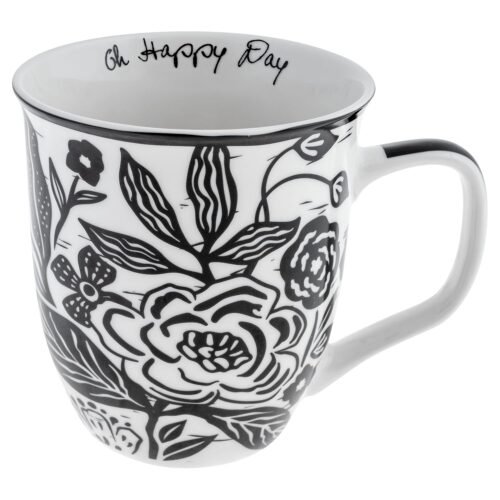 Karma Gifts 16 oz Black and White Boho Mug Floral - Cute Coffee and Tea Mug - Ceramic Coffee Mugs for Women and Men, 4.25" x 3.7"