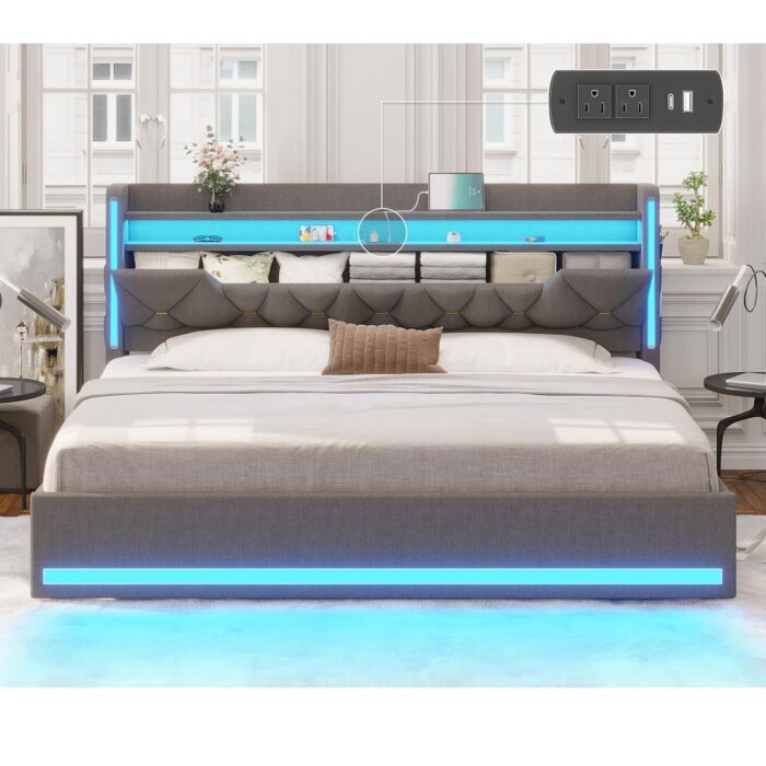 King Size Bed Frame with Marshmallow Headboard and Storage, King Bed Frame with LED Lights & Charging Station, Upholstered Platform Bed with Metal Support, No Noise, No Box...
