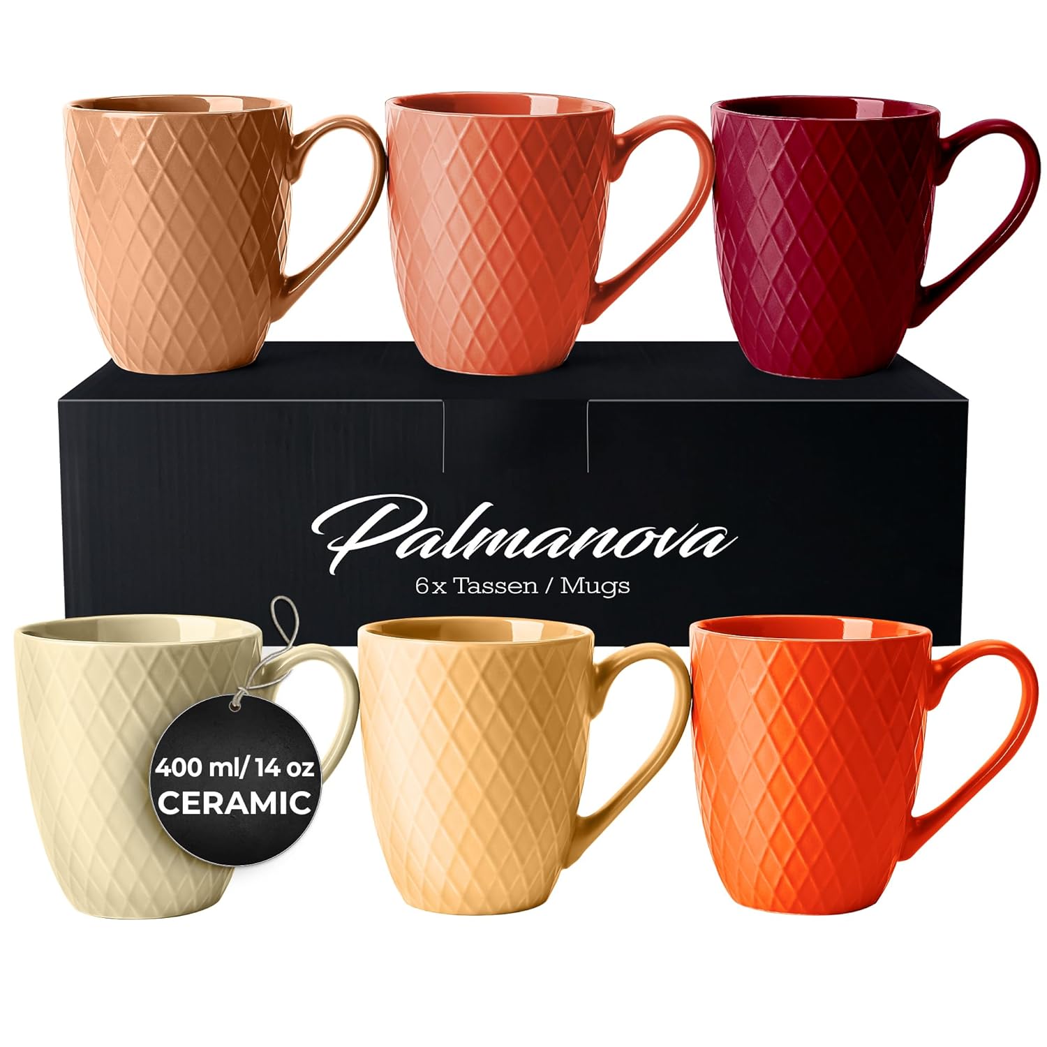 MIAMIO – Coffee Mugs set of 6 / Coffee Cups – 6 x 14 Oz Ceramic Mugs – Large Coffee Mugs – Microwave & Dishwasher safe – Palmanova Collection (Red)