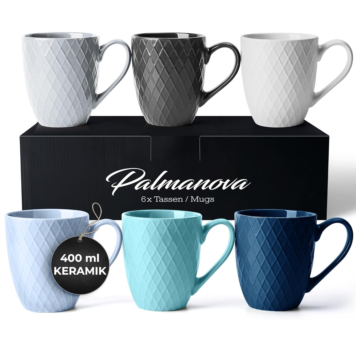 MIAMIO – Coffee Mugs set of 6 / Coffee Cups – 6 x 14 Oz Ceramic Mugs – Large Coffee Mugs – Microwave & Dishwasher safe – Palmanova Collection (Blue)