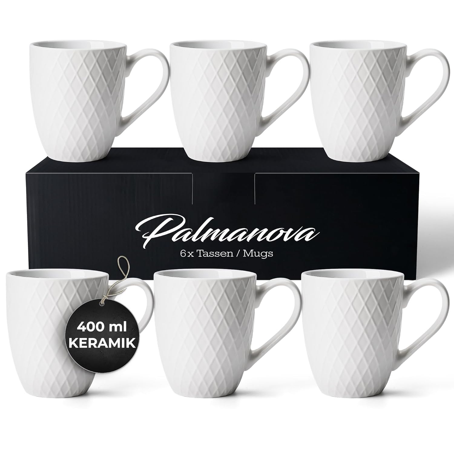 MIAMIO – Coffee Mugs set of 6 / Coffee Cups – 6 x 14 Oz Ceramic Mugs – Large Coffee Mugs – Microwave & Dishwasher safe – Palmanova Collection (White)