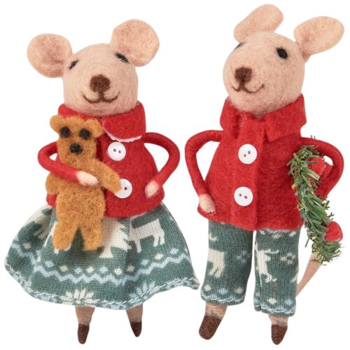 Primitives by Kathy Christmas Day Mice Collectible Critter Set, Two Felt mice with Festive Christmas Outfits/Holding Cute Accents of Gingerbread Cookie and Felt Berry Wreath