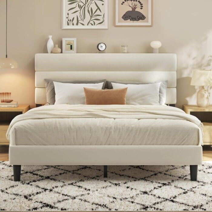 Queen Bed Frame, Platform Bed Frame with Velvet Upholstered Headboard, No Box Spring Needed, Sturdy Metal Support, Noise Free, Easy Assembly, Modern Bedroom Furniture, Beige
