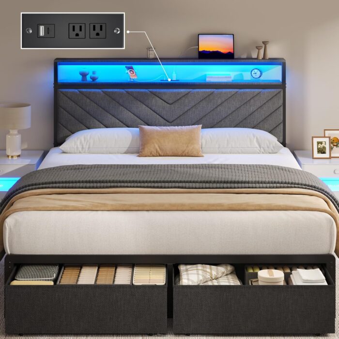 Queen Bed Frame with 2 Drawers, Upholstered Headboard with Storage and Charging Station, LED Lights, Fabric Drawers with Wheels, Under Bed Storage, No Box Spring Needed, Easy...