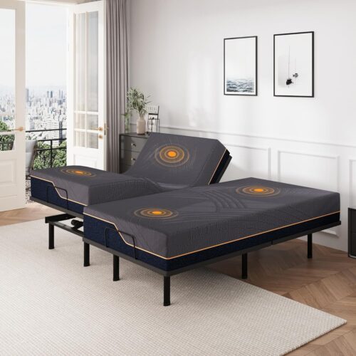 Split King Adjustable Bed Base Frame with Wireless Remote + 14 Inch Copper Memory Foam Mattress Bed in a Box, Head and Foot Incline & Massage, Zero Gravity, Fiberglass Free, 80"...