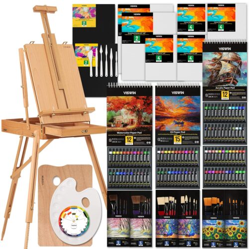 VISWIN Professional All-in-One Art Painting Kit with Beech Wood French Easel, 96 Acrylic, Watercolor & Oil Paint Set, Canvases, Painting Set with Supplies for Adults, Artists,...