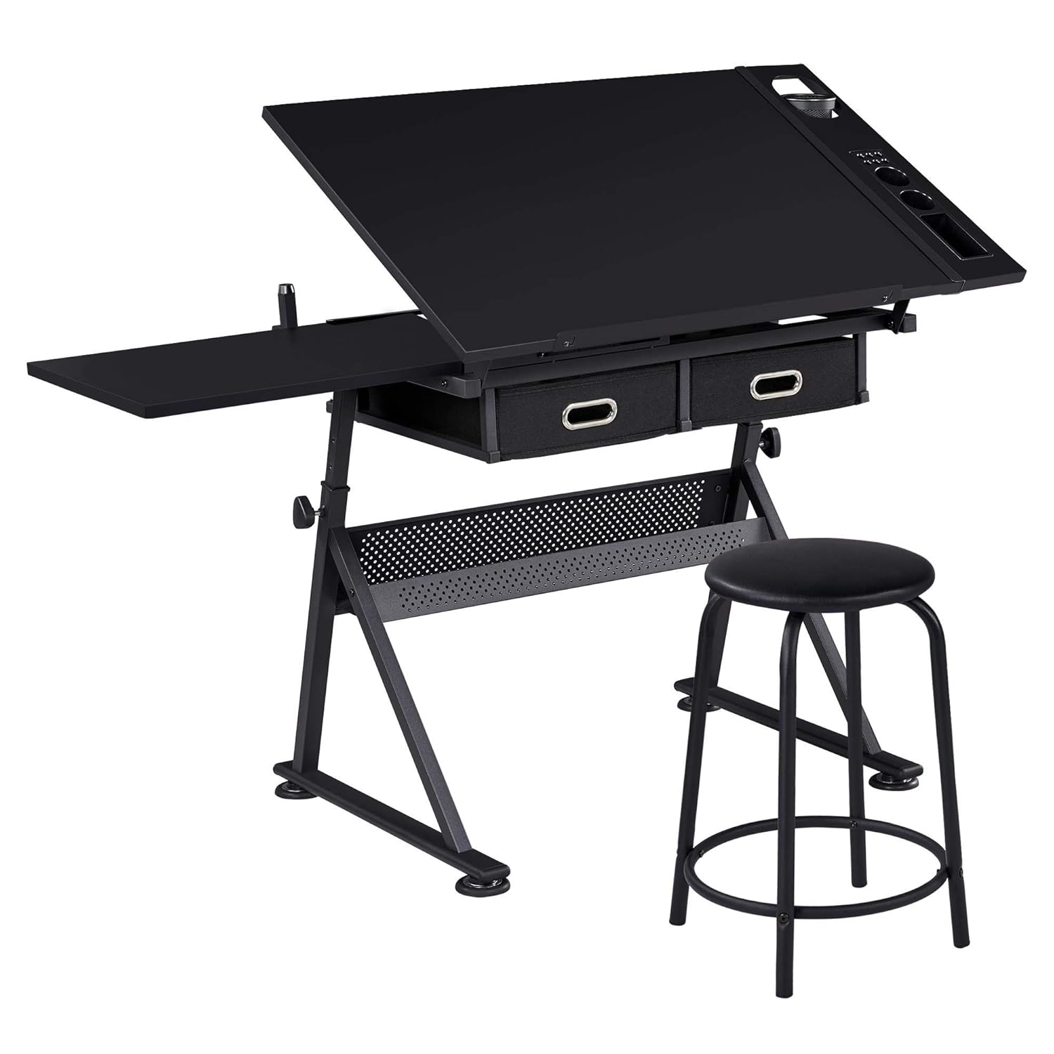 Yaheetech Drafting Table for Artists, Height Adjustable Drawing Desk Art/Craft Desk Diamond Paintings Work Station w/ 2 Storage Drawers and Stool for Home Office School, Black