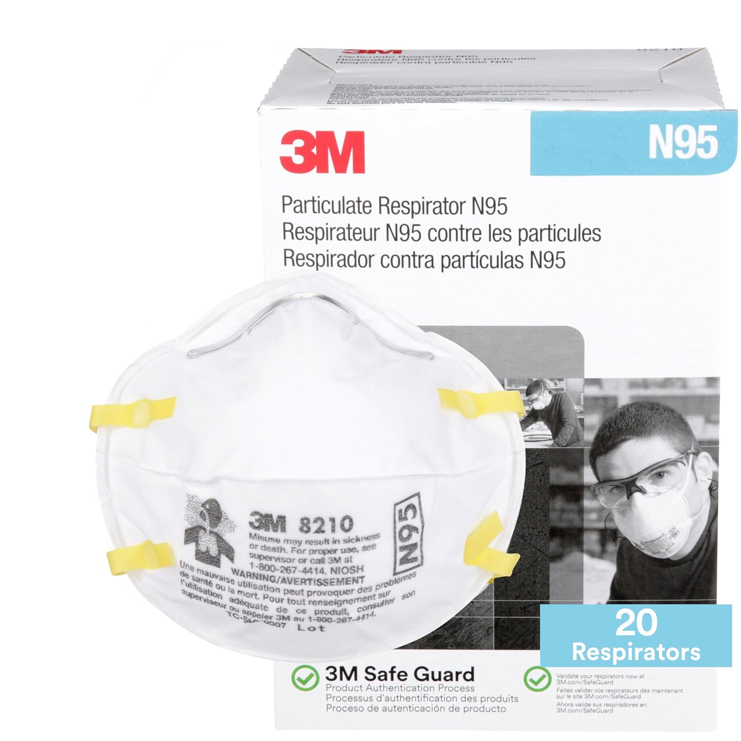 3M 8210 Particulate Respirator, N95, Pack of 20 Disposable Respirator, NIOSH APPROVED, Two-Strap Cup Style Design, Lightweight with Cushioning Nose Foam