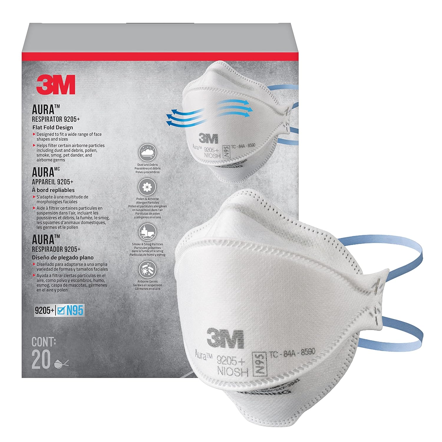 3M Aura Particulate N95 Respirator 9205+, Flat Fold Lightweight Design, Non-Valved, 20 Count (Pack of 1)