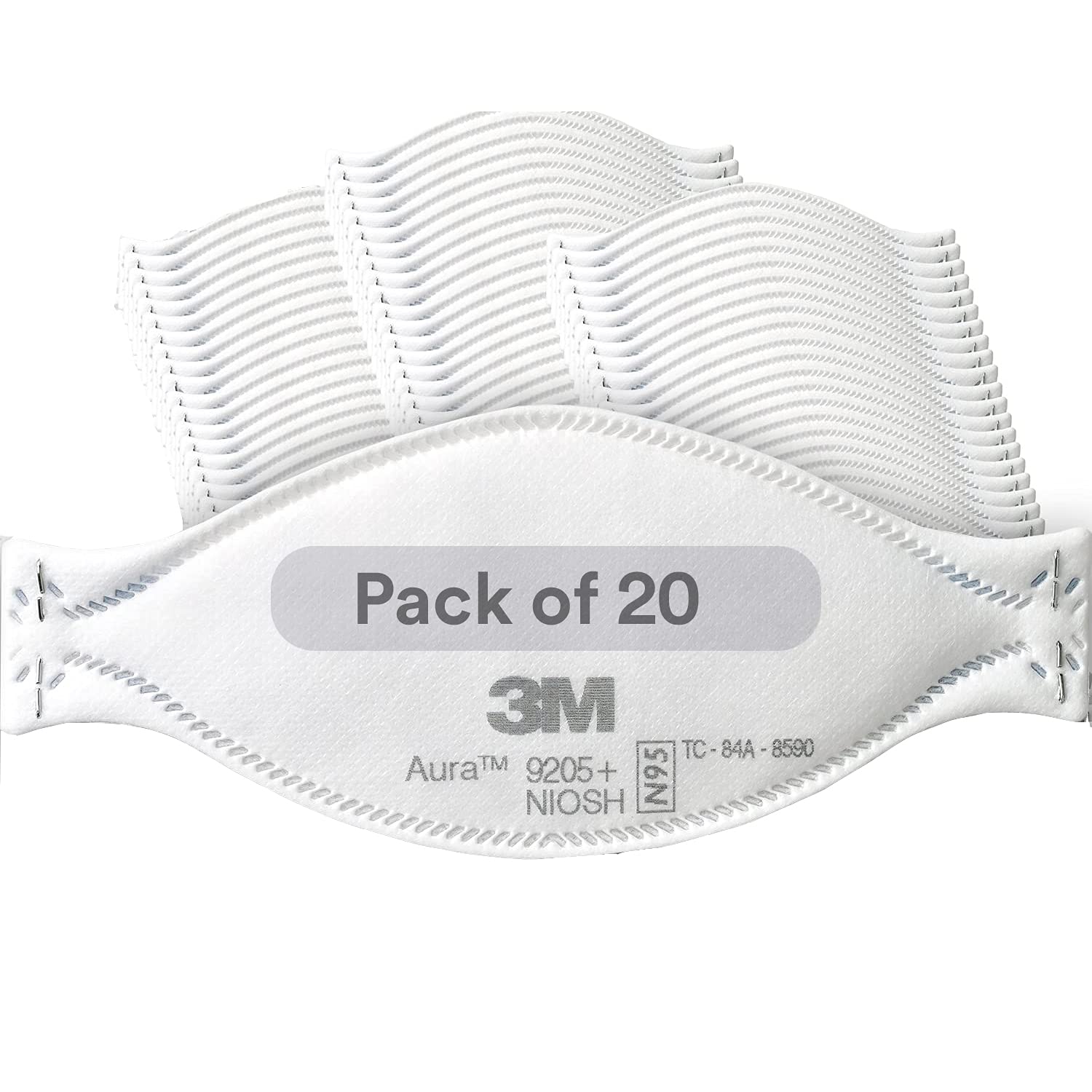 3M Aura Particulate Respirator 9205+, N95, Pack of 20 Disposable Respirators, Individually Wrapped, 3 Panel Flat Fold Design Allows for Facial Movements, Comfortable, NIOSH…