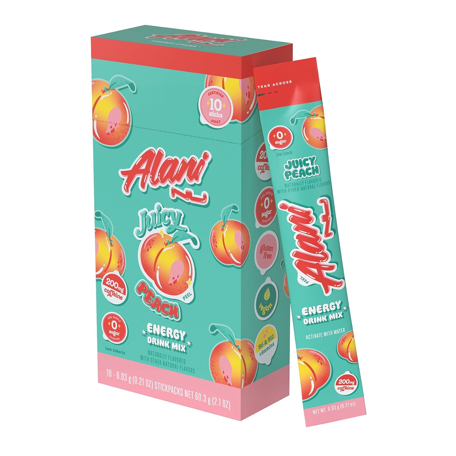 Alani Nu JUICY PEACH Energy Sticks | Energy Drink Powder | 200mg Caffeine | Pre Workout Performance with Antioxidants | On-The-Go Drink Mix | Biotin, B Vitamins | Zero Sugar |…
