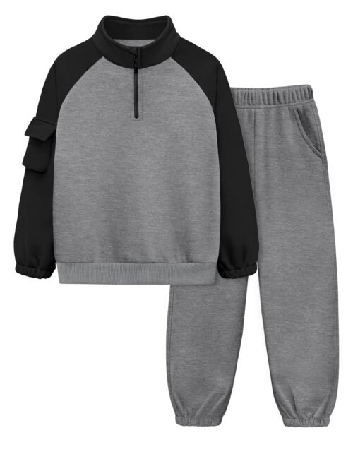 Boys Clothes Quarter Zip Long Sleeve with Pocket Sweatshirt Pants 2Pcs Color Block Fall Winter Outfits Set 6-12T