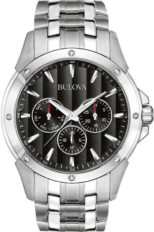 Bulova Men's Classic Dress 6-Hand Multi-Function Day/Date Quartz Watch, Black Patterned Dial, 43mm