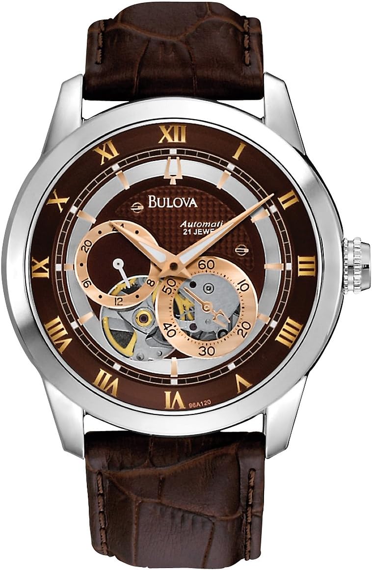Bulova Men’s Classic Sutton 4-Hand Automatic Watch, 24-Hour Sub Dial, Open Aperture, Self-Winding, Exhibition Caseback, Double Curved Mineral Crystal, Luminous Hands, 42mm