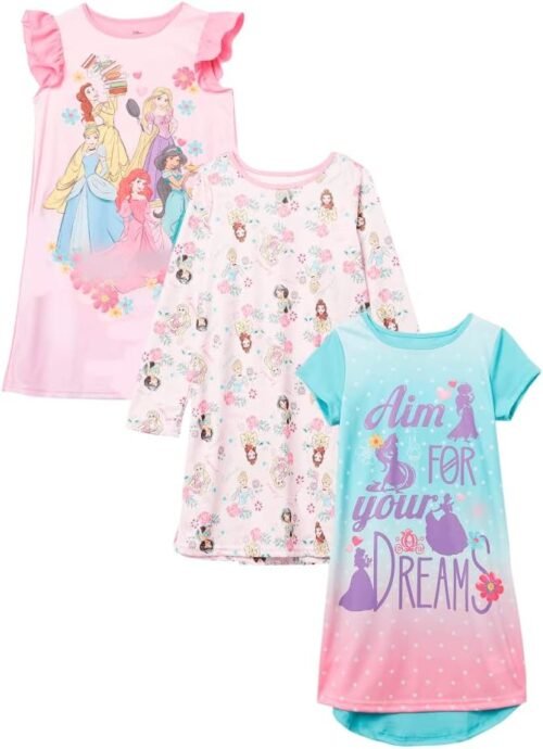 Disney Princess Girls' 3-Pack Princess Nightgowns, Fantasy Gown, Soft & Cute Pajamas for Kids