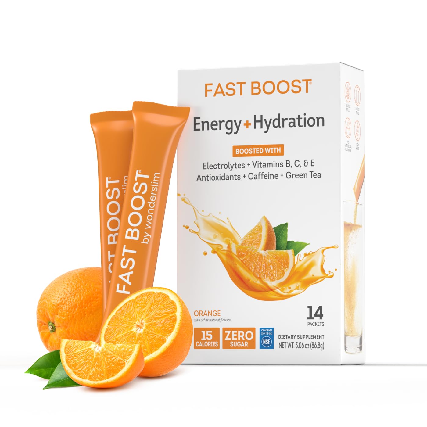FAST BOOST Energy & Hydration Drink Mix – Orange | Sugar Free Electrolyte Powder Packets with Antioxidants, Green Tea Extract, B Vitamins, Vitamin C & E | 14 Stick Packs