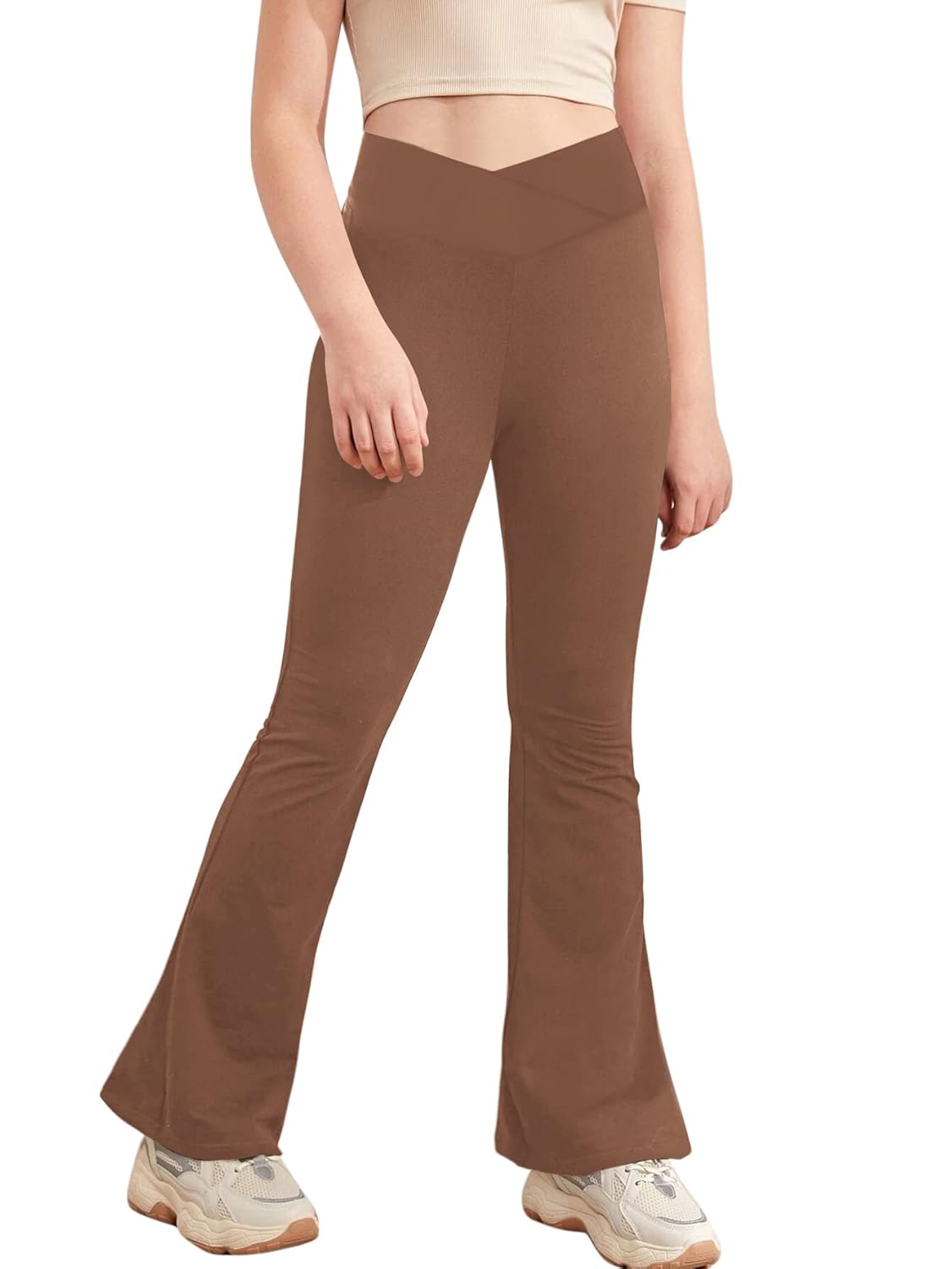 Girl’s Leggings Cross High Waisted Flare Pants Yoga Bootcut Pants Solid Color Full Length Bell Bottoms