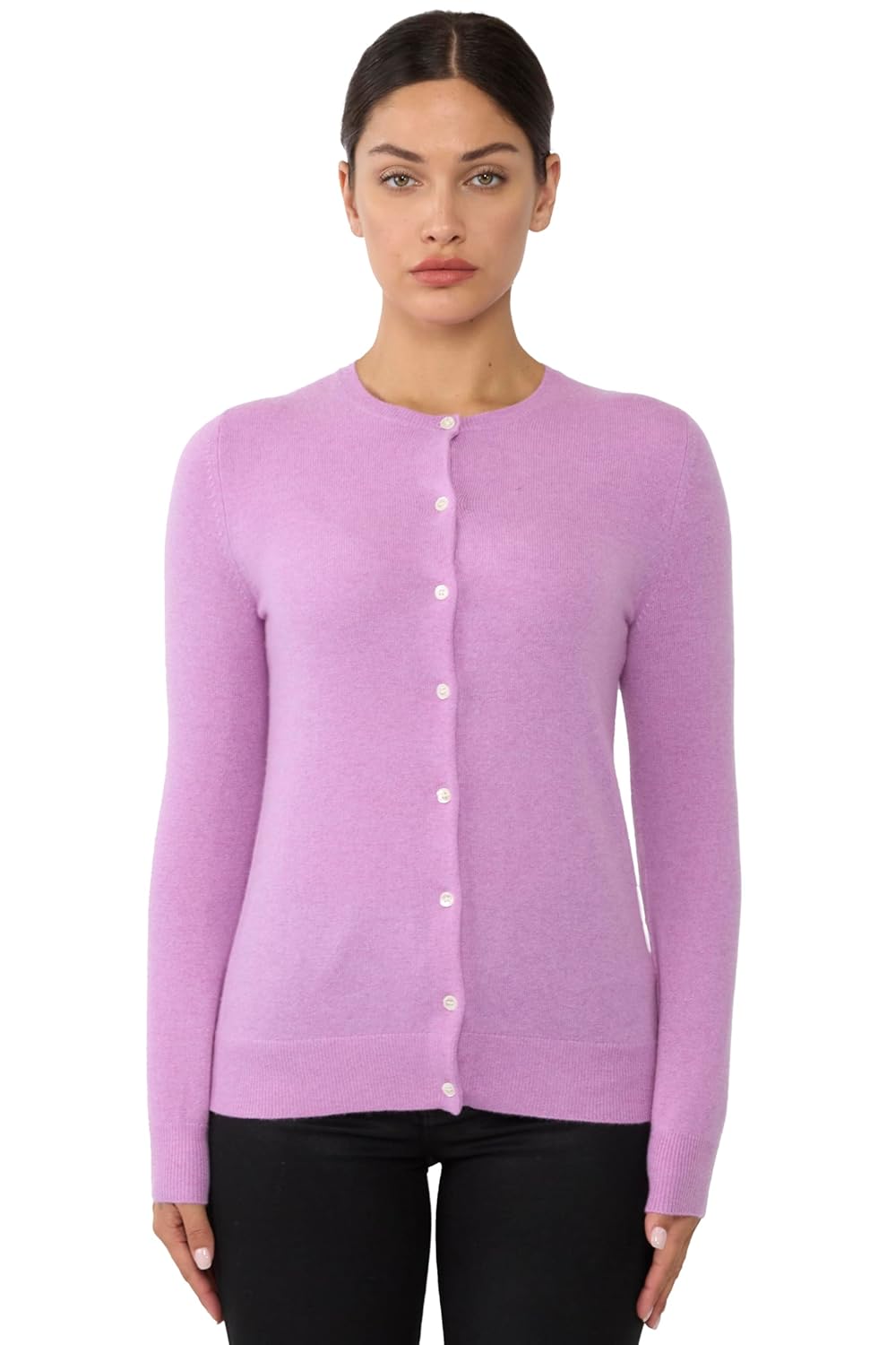 JENNIE LIU Women’s 100% Cashmere Button Front Long Sleeve Crewneck Cardigan Sweater