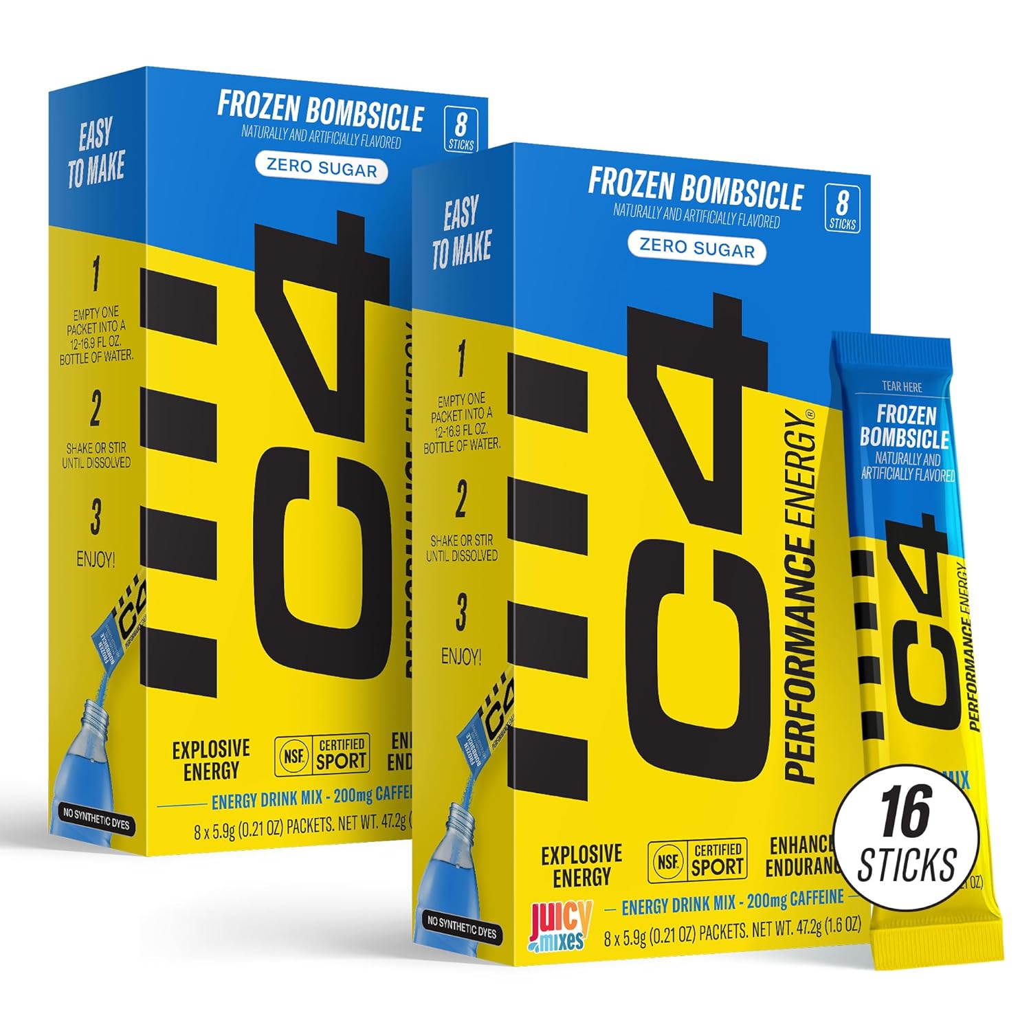 Juicy Mixes C4 Performance Energy, Frozen Bombsicle Drink Mix, 200mg Caffeine, Zero Sugar, NSF (2 Boxes, 16 Sticks)