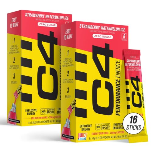 Juicy Mixes C4 Performance Energy, Strawberry Watermelon Ice Drink Mix, 200mg Caffeine, Zero Sugar, NSF (2 Boxes, 16 Sticks)