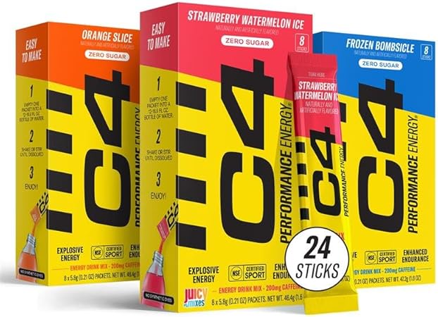 Juicy Mixes C4 Performance Energy, Variety Pack, 200mg Caffeine, Zero Sugar, NSF (3 Boxes, 24 Sticks)