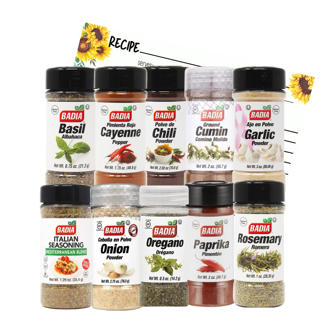June Street Market New Kitchen Starter 10 Piece Gift Set with Basil, Cayenne, Chili Powder, Cumin, Garlic, Italian, Onion Powder, Oregano, Rosemary, Paprika and Blank Recipe…