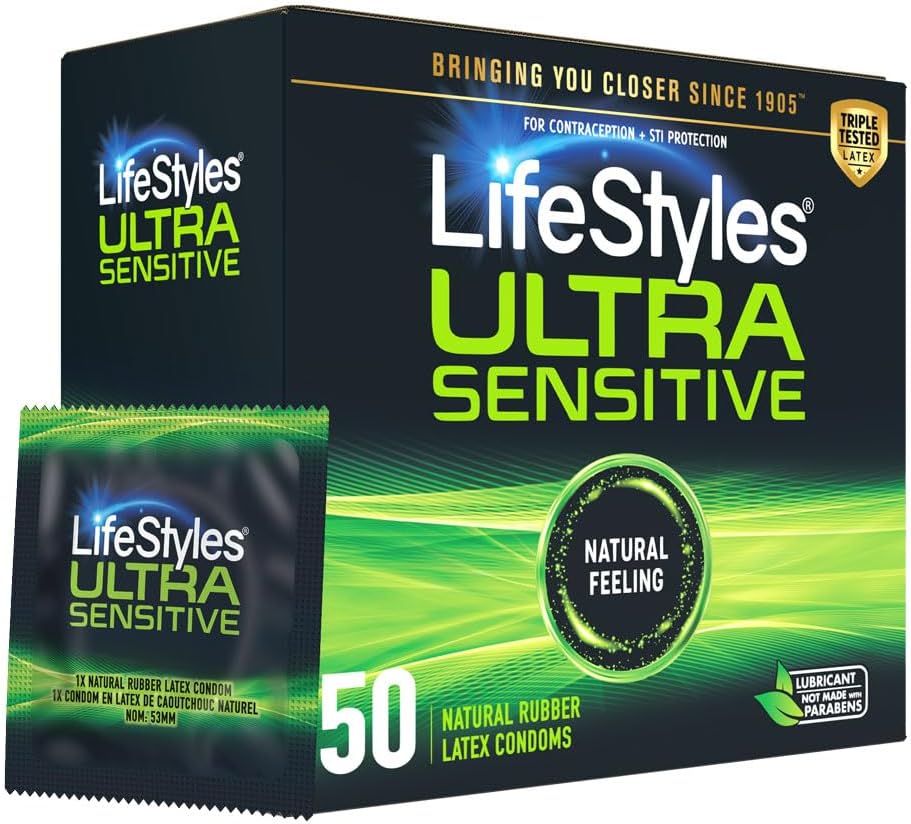LifeStyles Ultra Sensitive Premium Lubricated Natural Latex Condoms Value Pack – 50 Count, 1 Pack – Triple Tested for Best Protection, Made with UltraGlide Silicone Lube
