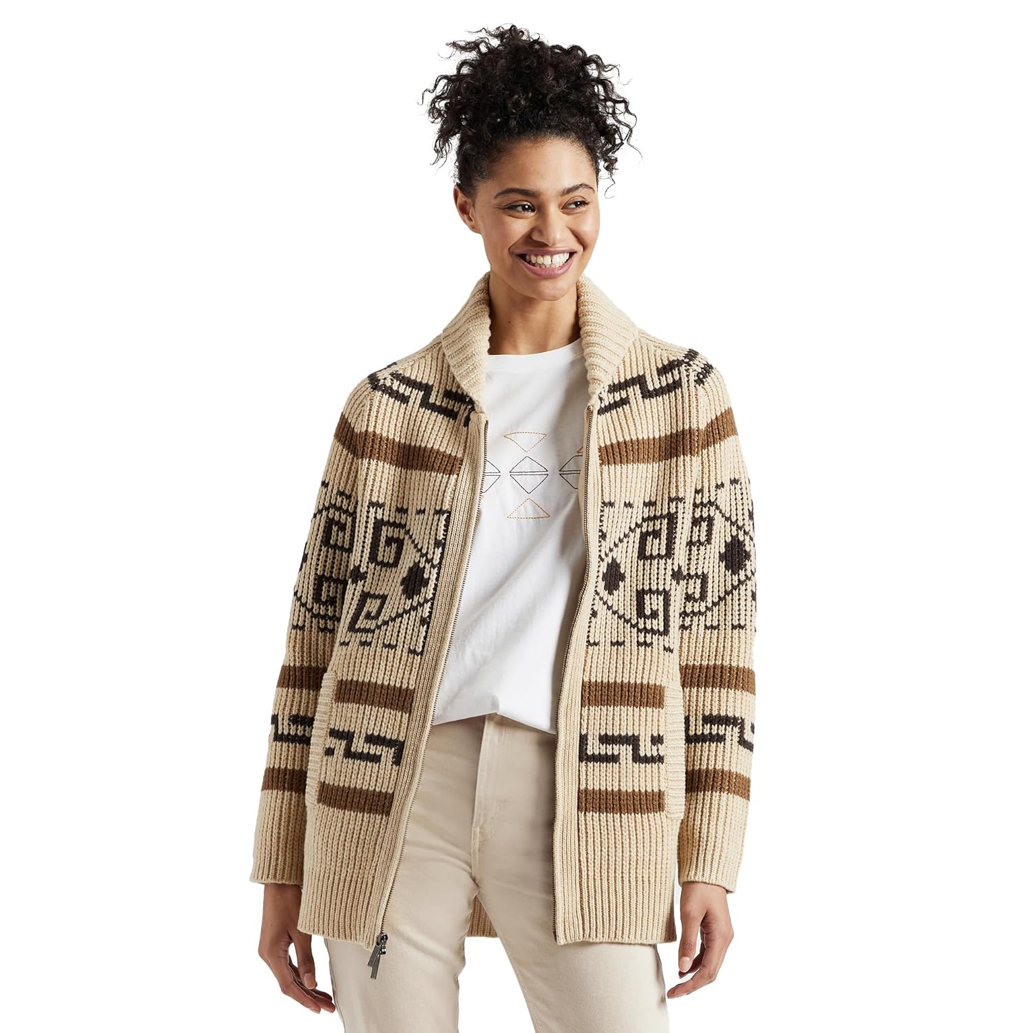 Pendleton Women’s Westerley, Cardigan Sweater, 100% Virgin Wool, Sweaters for Women, Heavy Cable Knitted Sweater – Tan/Brown