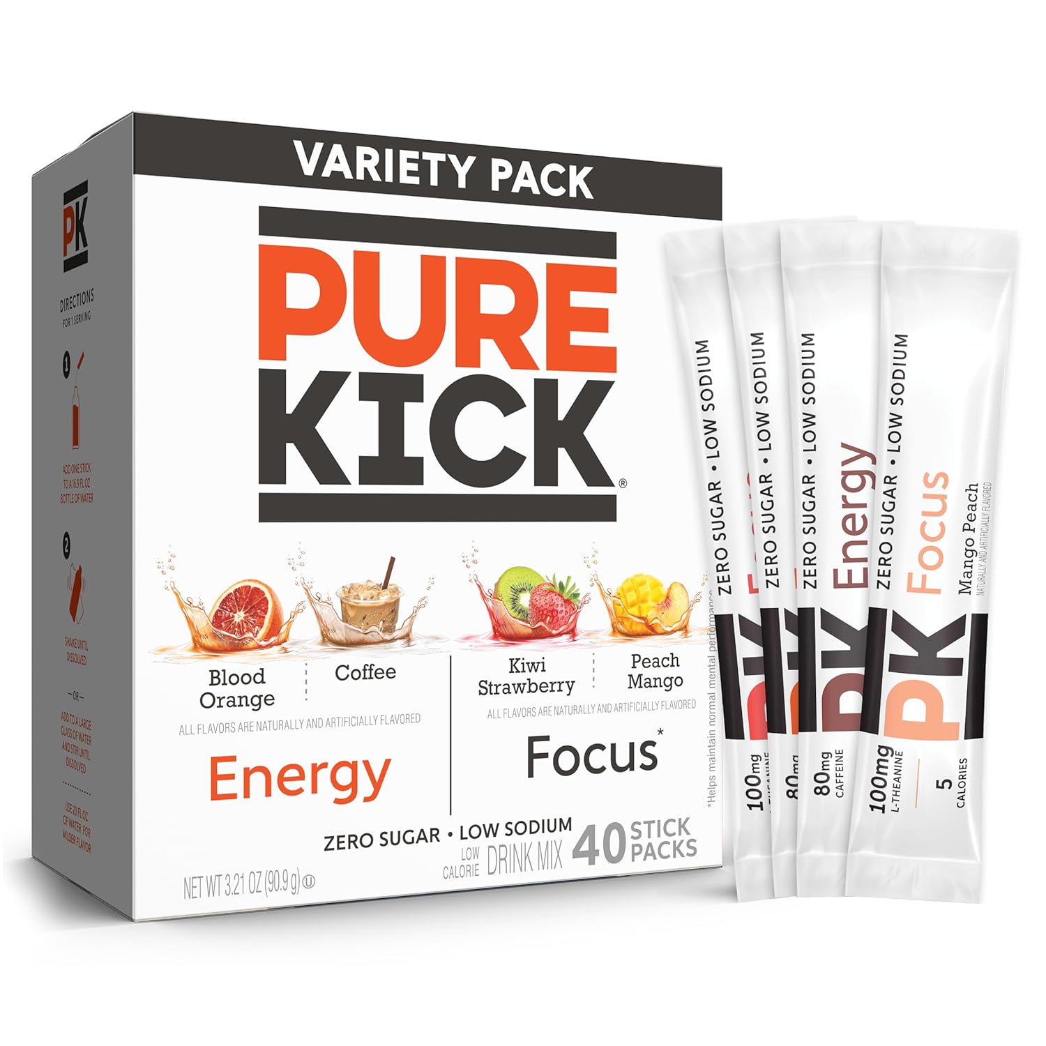PURE KICK Energy and Focus Singles To Go Drink Mix Variety Pack,Blood Orange, Coffee, Strawberry Kiwi and Peach Mango, 40 Count (Pack – 1)