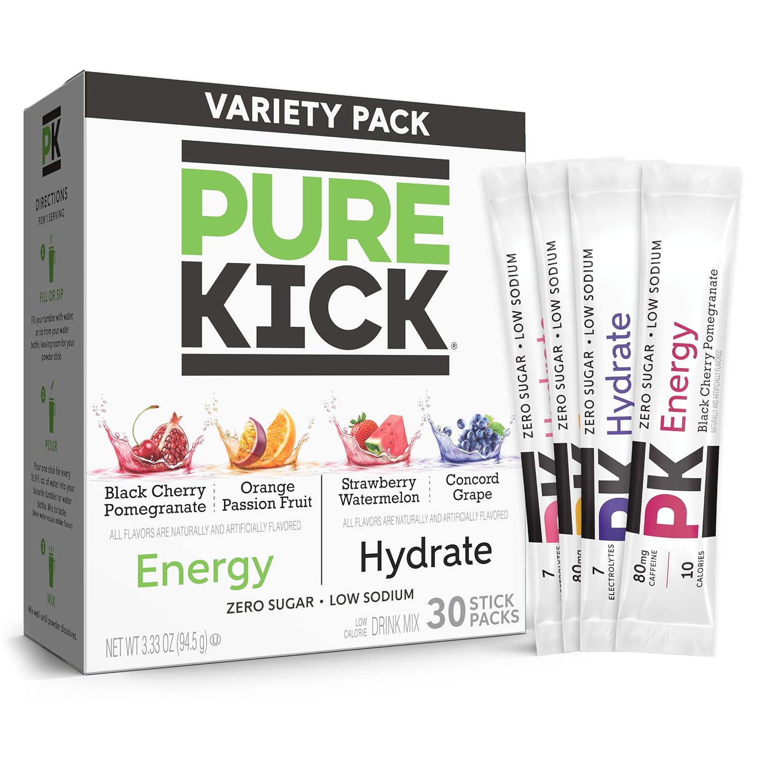 PURE KICK Energy and Hydrate Singles To Go Drink Mix Variety Pack, Black cherry Pomegranate, Orange Passion Fruit, Strawberry watermelon and Concord Grape, 30 Count (Pack – 1)