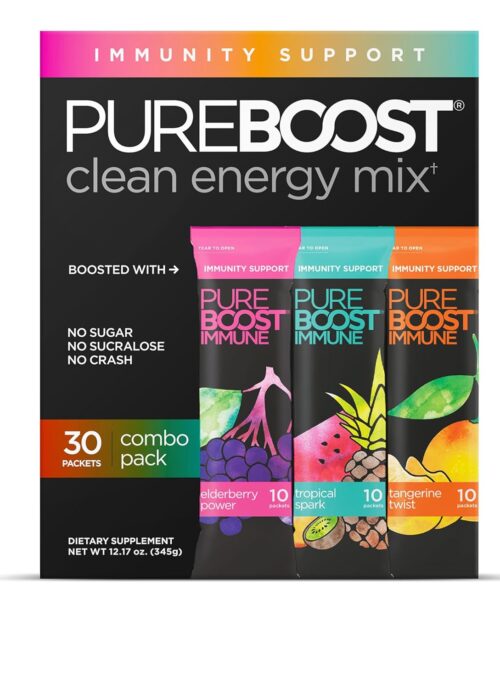 Pureboost Immune Clean Energy Booster, Refreshing Energy Drink Mix and Immunity Supplement with Elderberry, 1,200 mg Vitamin C, Vitamins A + D, and Zinc. Sugar-Free (Combo Pack,...