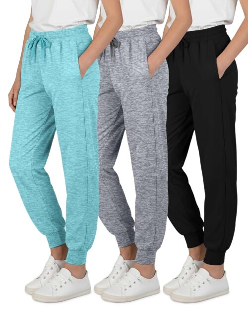 Real Essentials 3 Pack: Girls' Dry-Fit Jogger Sweatpants Soft Active Athletic Kids Joggers with Pockets & Drawstring