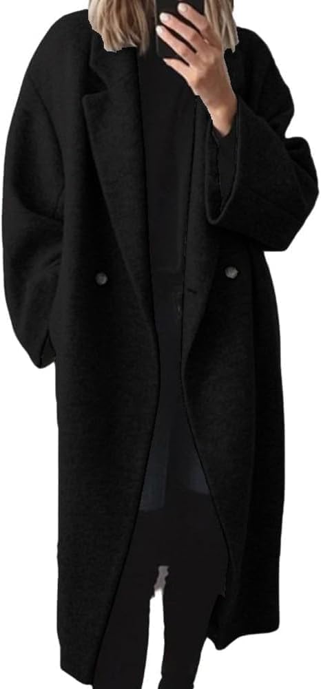 SAUKOLE Womens Winter Pea Coat Notch Lapel Double Breasted Wool Blend Oversized Overcoat with Pockets
