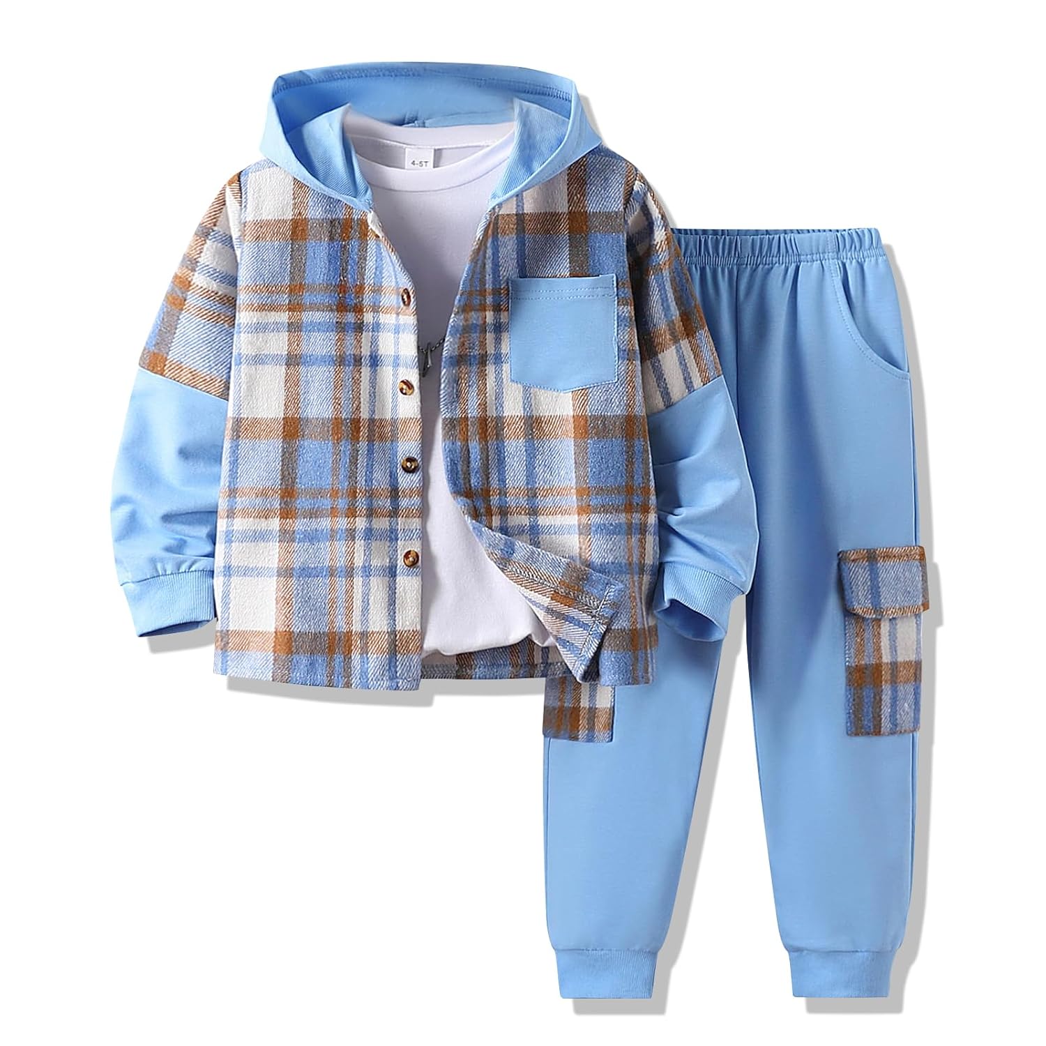 Size 4-11 Years Boys Clothes Flannel Plaid Shirt Hooded Sweatshirt & Pants 3PCS Kids Boys Fall Winter Outfits Sets