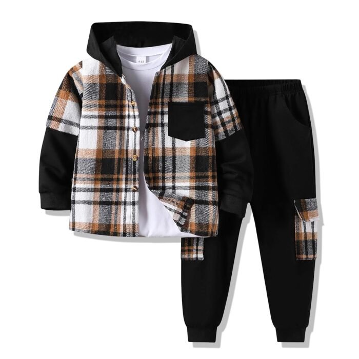 Size 4-11 Years Boys Clothes Flannel Plaid Shirt Hooded Sweatshirt & Pants 3PCS Kids Boys Fall Winter Outfits Sets