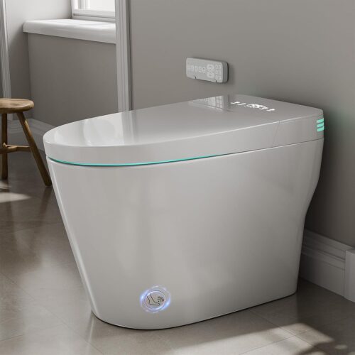 Smart Toilet with Bidet Built In ADA Height 17.7", One Piece Tankless Bidet Toilet with Auto Open Close, Foam Shield, Voice Control Modern Elongated Toilet with Heated Seat,...