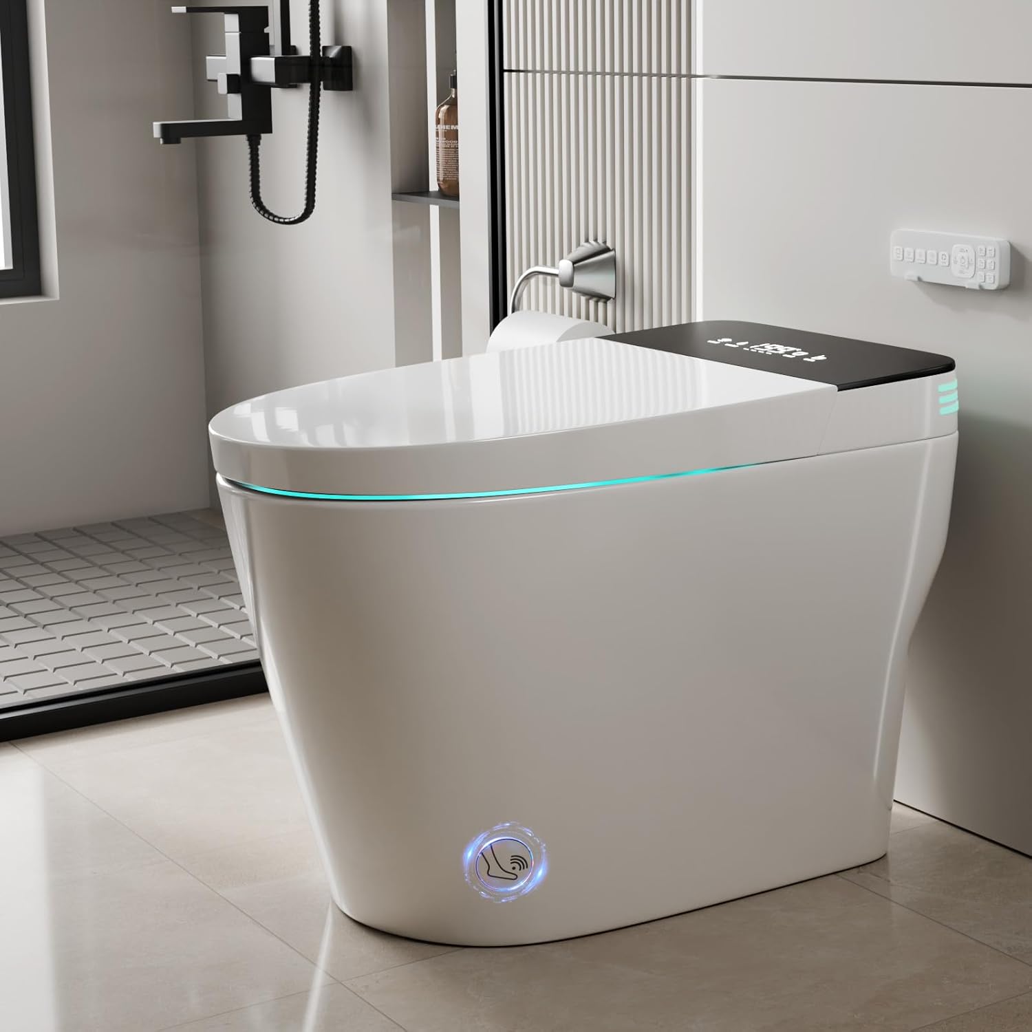 Smart Toilet with Bidet Built In ADA Height 17.7″, One Piece Tankless Bidet Toilet with Auto Open Close, Foam Shield, Voice Control Modern Elongated Toilet with Heated Seat,…