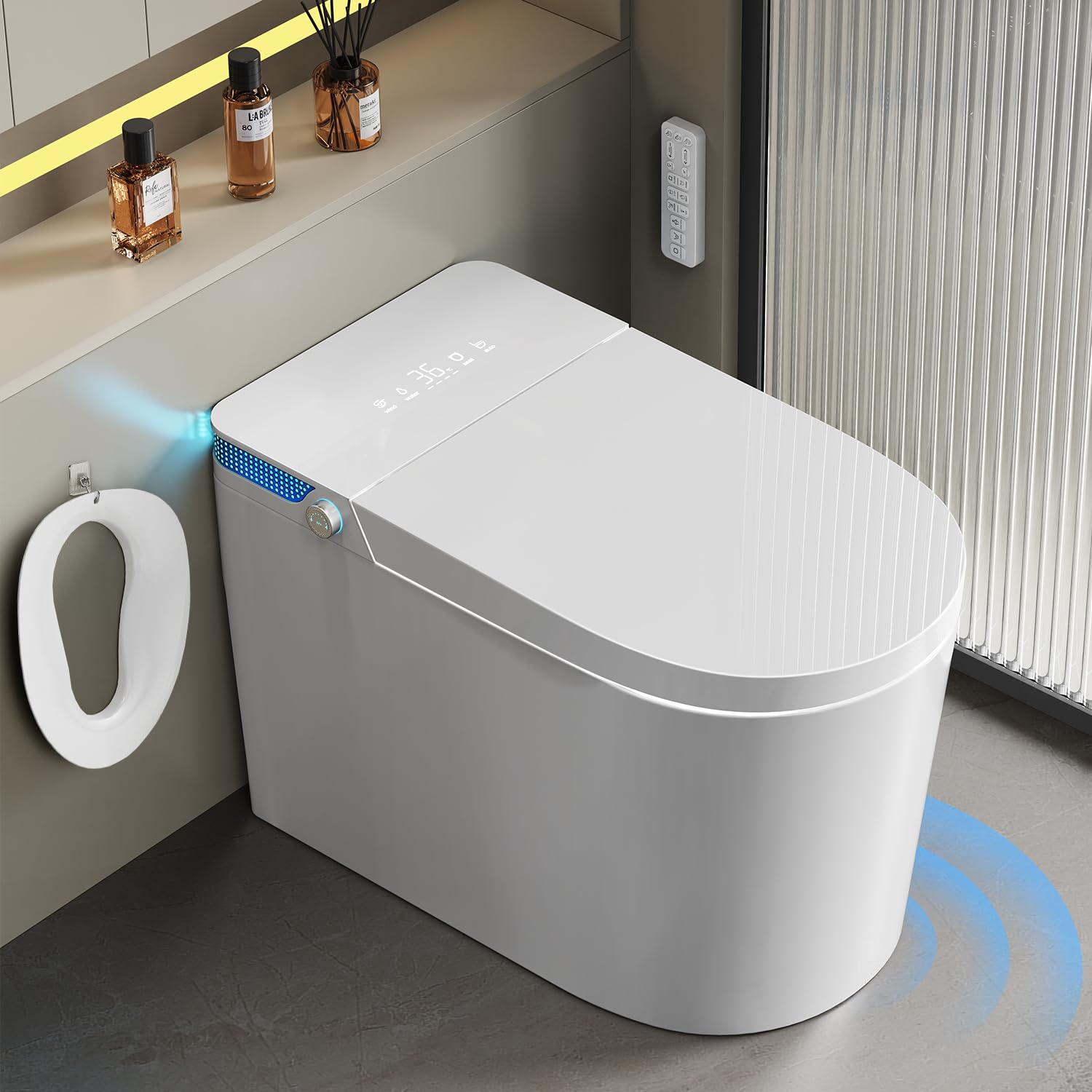 Smart Toilet with Bidet Built-In-Tank: Water Temp Adjustable Bidet Toilet with Child Seat, Heated Seat Modern Toilet, One Piece Toilets with Dryer Remote Foot Sensor Foam, Auto…