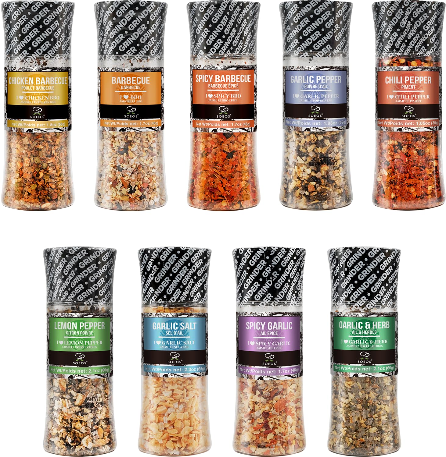 Soeos Spice Seasoning Set of 9 with Integrated Grinders, Individual Spice Grinder, Pure and Fresh Perfect for BBQ Seasoning Gift Set, Grilling Spice, Pepper Grinder,colorful