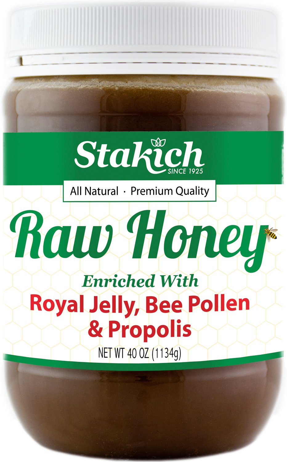 Stakich Royal Jelly, Bee Pollen, Propolis Raw Honey – Pure, Unprocessed, Unheated – 40 Ounce