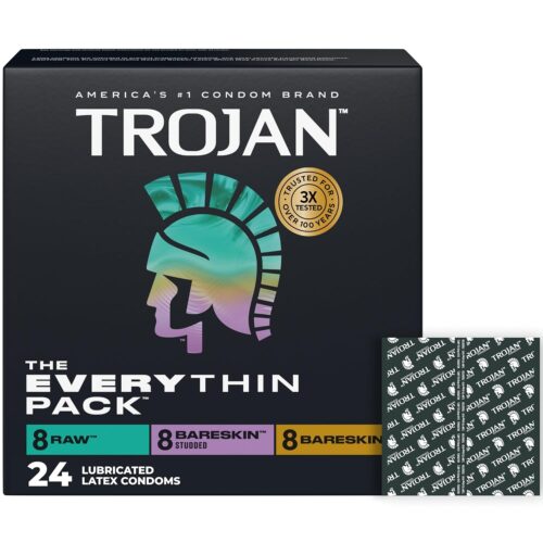 Trojan BareSkin Condoms, Everythin Variety Pack, Lubricated Latex BareSkin Thin Condom, 24 Count