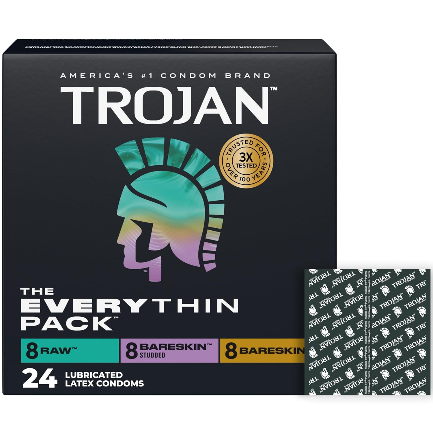 Trojan BareSkin Condoms, Everythin Variety Pack, Lubricated Latex BareSkin Thin Condom, 24 Count
