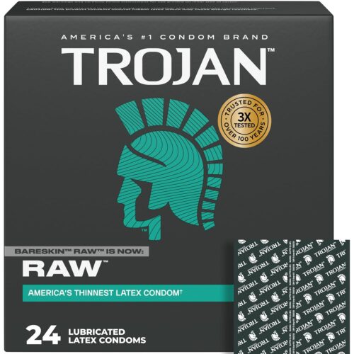 TROJAN BareSkin Raw Ultra Thin Condoms, Lubricated Thin Condoms for Men, America's #1 Condom Brand, 24 Count Pack