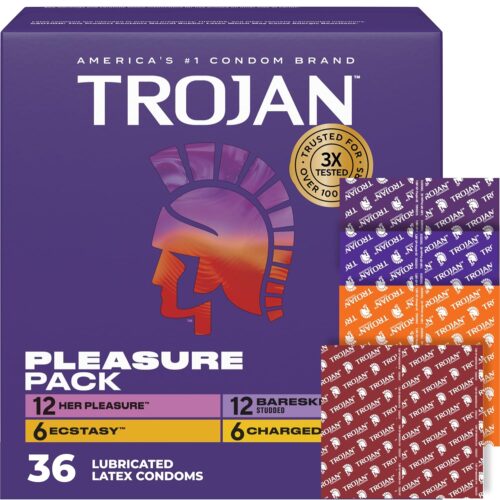 Trojan Pleasure Pack, Assorted Latex Lubricated Condoms for Men, Her Pleasure, Bareskin Studded, Ecstasy & Charged Varieties, 36 Count